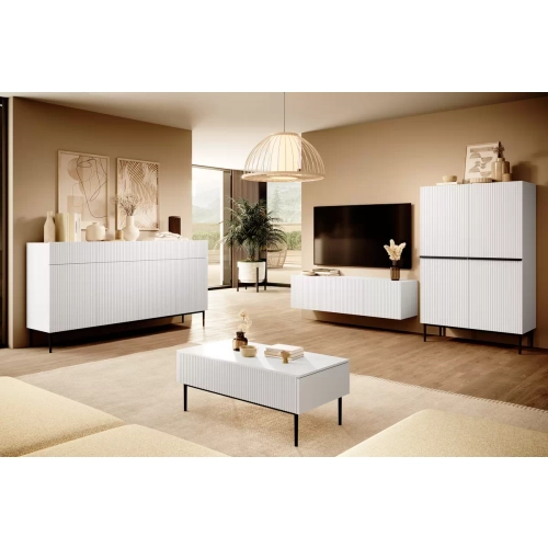 Szafka RTV Nicole 200 cm z wnęką i szufladami - biały mat / czarne nóżki